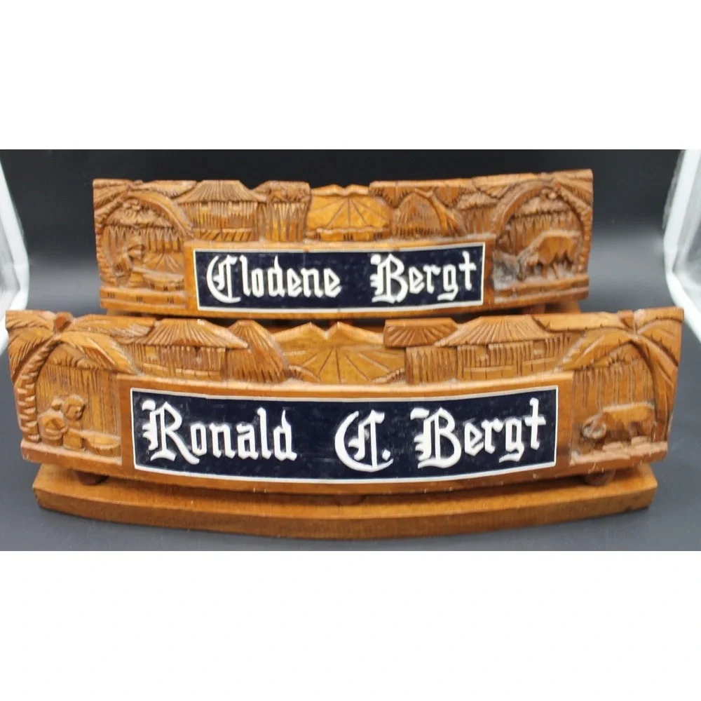 Vintage Hand Carved Balinese Wood Name Plates Desk Signs Custom Names Set of 2